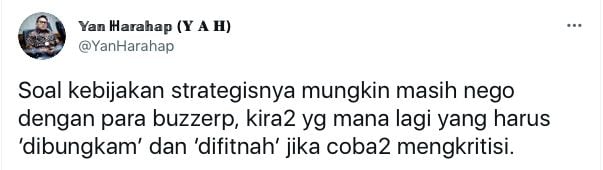 Cuitan Yan Harahap di twitter mengkritik pemerintah. [Twitter]