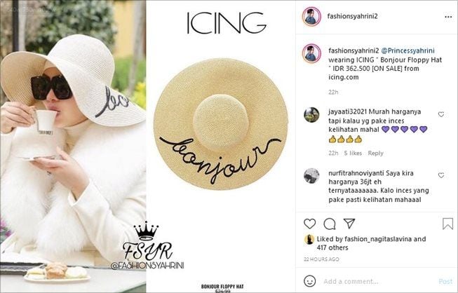 Syahrini pakai topi cantik Rp300 ribuan. (Instagram/@fashionsyahrini2)