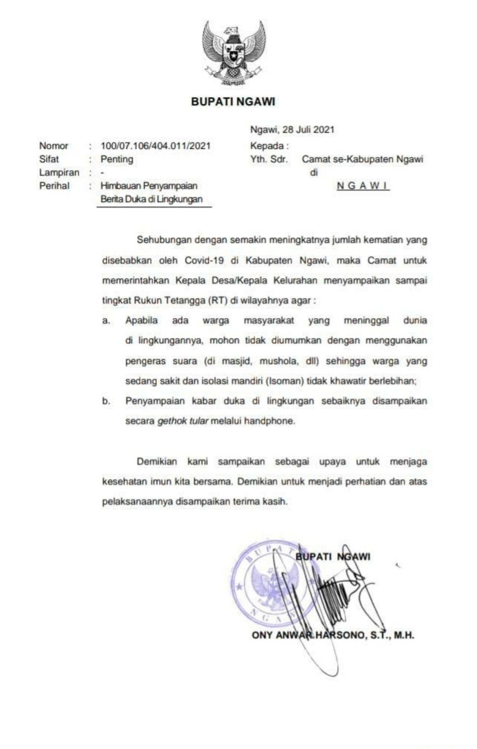 Bupati Ngawi Ony Anwar Harsono melarang masjid dan musala menyiarkan berita duka melalui pengeras suara. [Foto: timesindonesia.co.id]