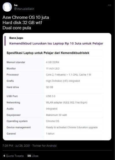 Viral Spesifikasi Latop Pelajar Kemendikbud. (Twitter/@ManusiaSakit)