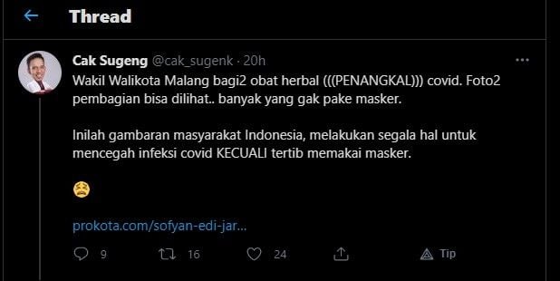 Cuitan akun Twitter dokter di  Malang Jawa Timur yang mengkritik aksi bagi obat herbal oleh Wakil Wali Kota Malang Sofyan Edi Jarwoko. [Tangkapan layar twitter]