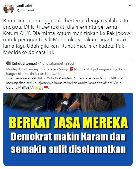 Andi Arief sebut Ruhut Sitompul mau kudeta Moeldoko (Twitter)