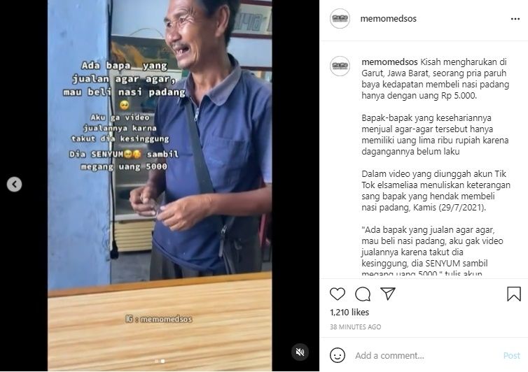 Viral Penjual Agar-agar Cuma Punya Uang 5 Ribu buat Beli Nasi Padang. (Instagram/@memomedsos)