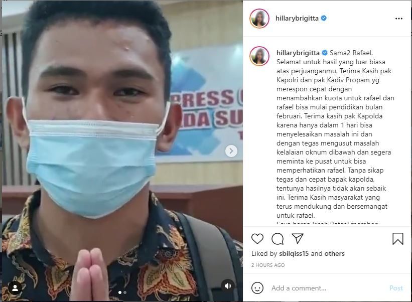 Rafael Malalangi mengucapkan terima kasih. [Akun IG Hillary Brigita]