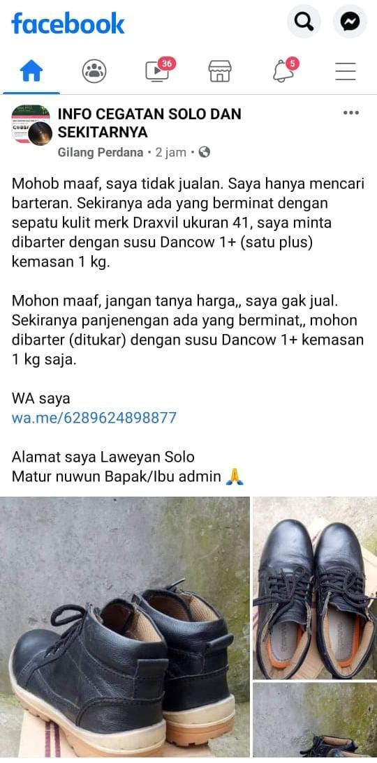 Viral warga solo membarter sepatu kesayangan demi susu anak. [Grup Facebook Info Cegatan Solo dan Sekitarnya]