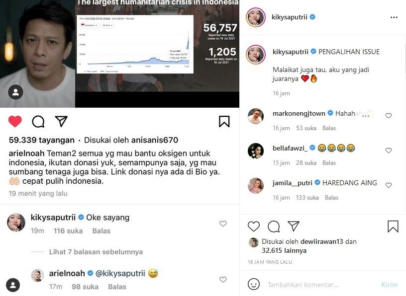 Kiky Saputri bangga komentarnya ditanggapi Ariel NOAH. [Instagram]