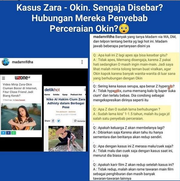 Madam Firdha sebut hubungan Adhisty Zara dengan Okin terjalin sebelum musisi itu cerai dengan Rachel Vennya. [Instagram]