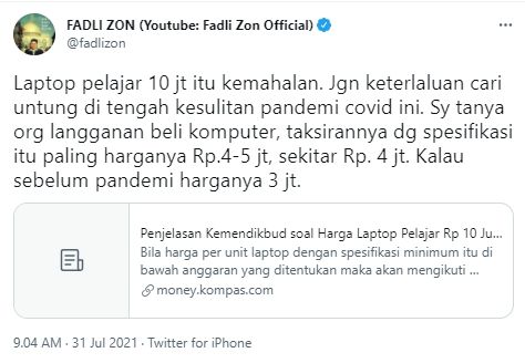 Fadli Zon sebut laptop dari Kemendikbudristek kemahalan (Twitter)