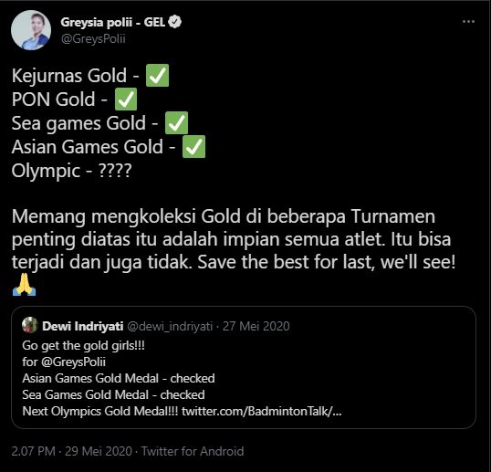 Unggahan Greysia Polii pada tahun 2020. (Twitter/GreysPolii)