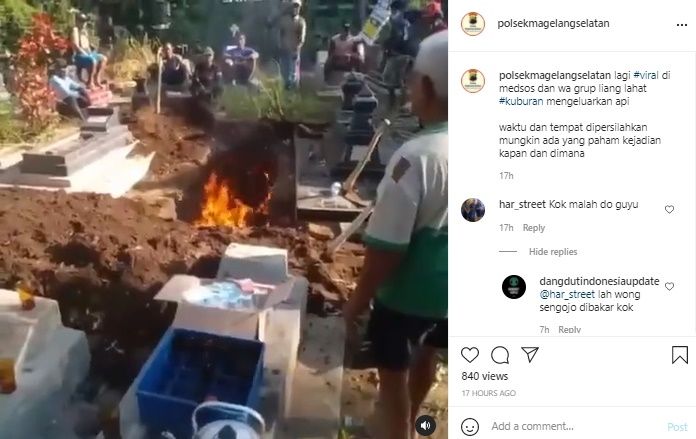 Viral Video Liang Lahat Semburkan Api Usai Digali. (Instagram/@polsekmagelangselatan)