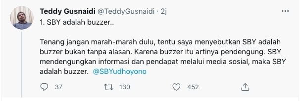 Cuitan Teddy Gusnaidi yang mebyebut SBY Buzzer. [Twitter]