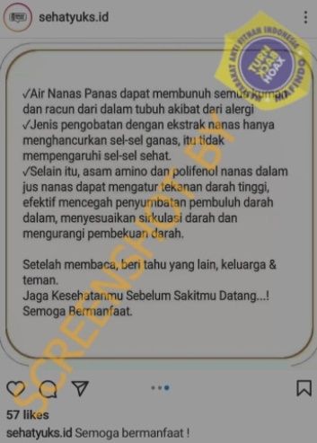 CEK FAKTA Air Nanas Panas Bisa Bunuh Sel Kanker. (Turnbackhoax.id)