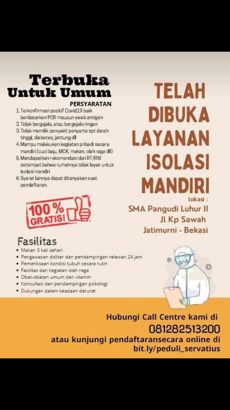 Layanan Isolasi Mandiri gratis di Bekasi (Ist)