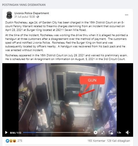 Karyawan restoran cepat saji menodongkan pistol ke pelanggan (Facebook Livonia Police Department)