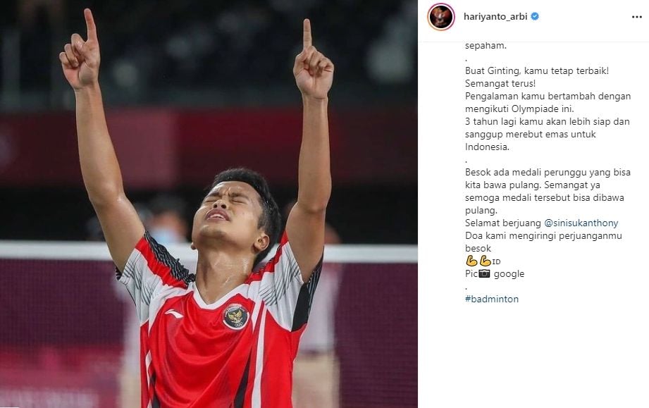 Anthony Ginting disebut akan lebih siap raih emas tiga tahun lagi. (Instagram/hariyanto_arbi)