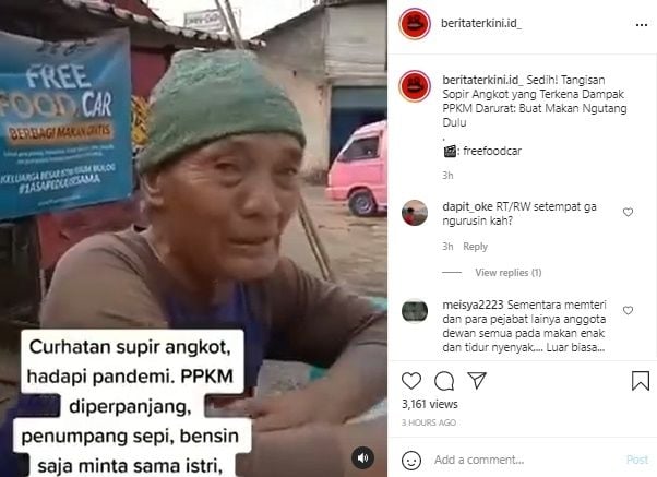 Viral Sopir Angkot Menangis Pilu Kena Efek PPKM Darurat. (Instagram/@beritaterkini.id_)