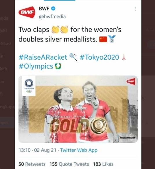 Kesalahan unggahan BWF terkait peraih medali emas ganda putri badminton olimpiade Tokyo 2020. [BWF]