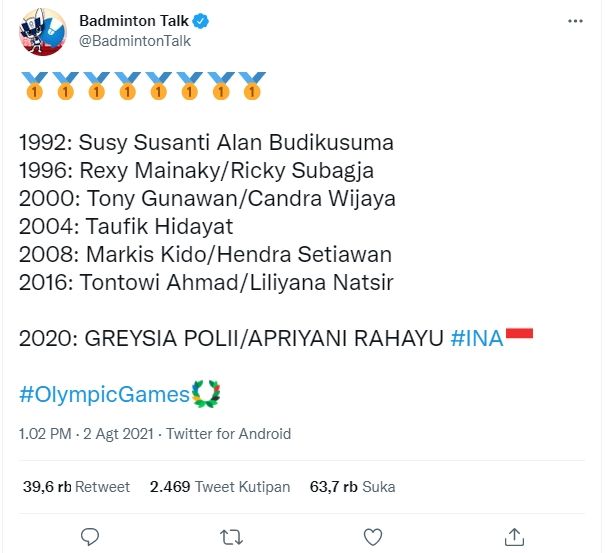 Daftar pebulu tangkis Indonesia yang raih emas di Olimpiade, termasuk Greysia/Apriyani. (Twitter/@BadmintonTalk)