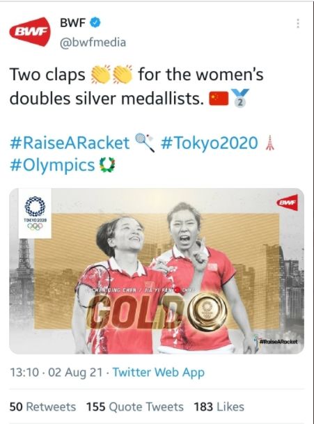 BWF sempat menganggap rival Greysia/Apriyani yang raih medali emas Olimpiade Tokyo 2020. (Twitter/@Dwiki_25)