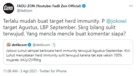 Fadli Zon sindir Jokowi-Luhut mencla mencle (Twitter)