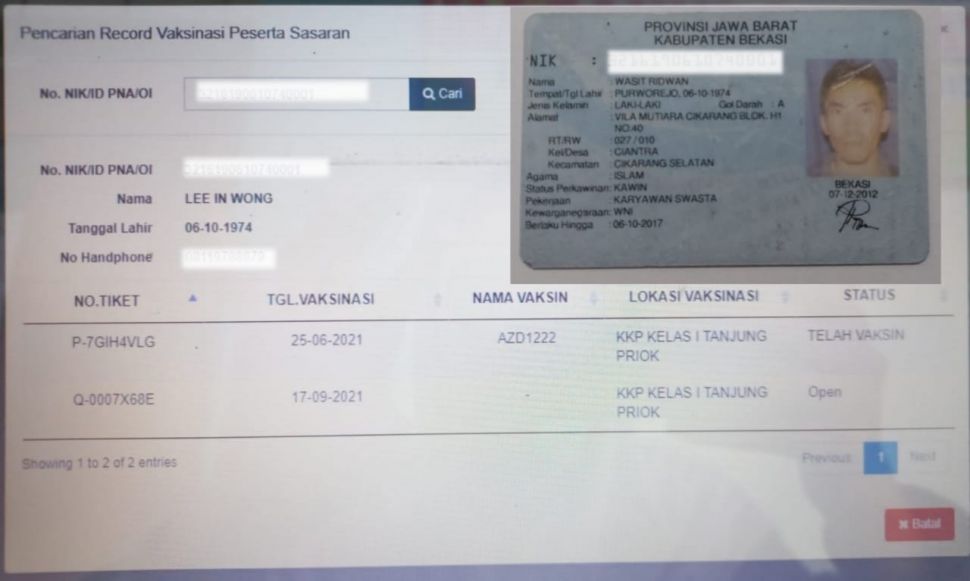 Warga Bekasi tak bisa vaksin karena NIK dipakai warga negara asing secara diam-diam. Warga bekasi itu adalah Wasit Ridwan, lelaki 47 tahun. (ist)