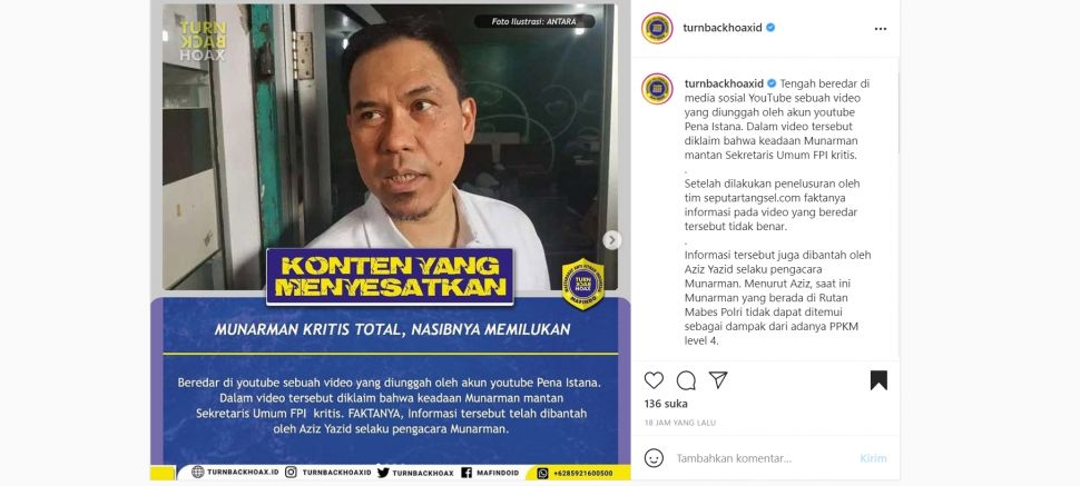 Benarkah Munarman Dikabarkan Kritis (Turnbackhoax.id)