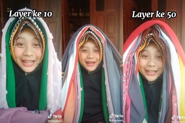 Viral Video Cewek Pakai 100 Lapis Jilbab. (TikTok/@direydealova)