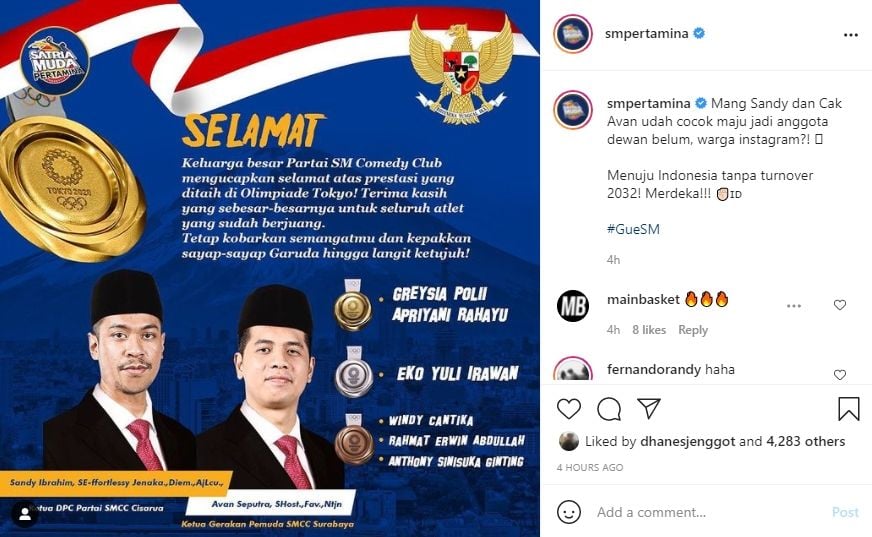 Ucapan selamat Satria Muda untuk Greysia Polii/Apriyani Rahayu dan atlet Indonesia yang meraih medali di Olimpiade Tokyo 2020. [Dok. Instagram @smpertamina].