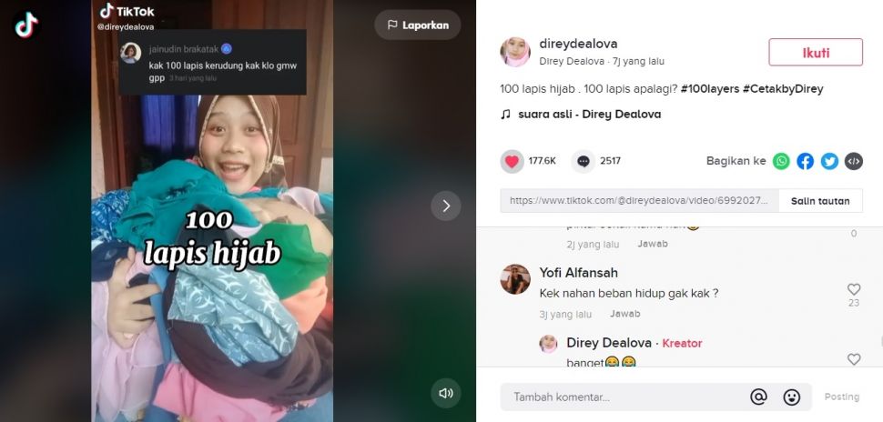 Viral Video Cewek Pakai 100 Lapis Jilbab. (TikTok/@direydealova)