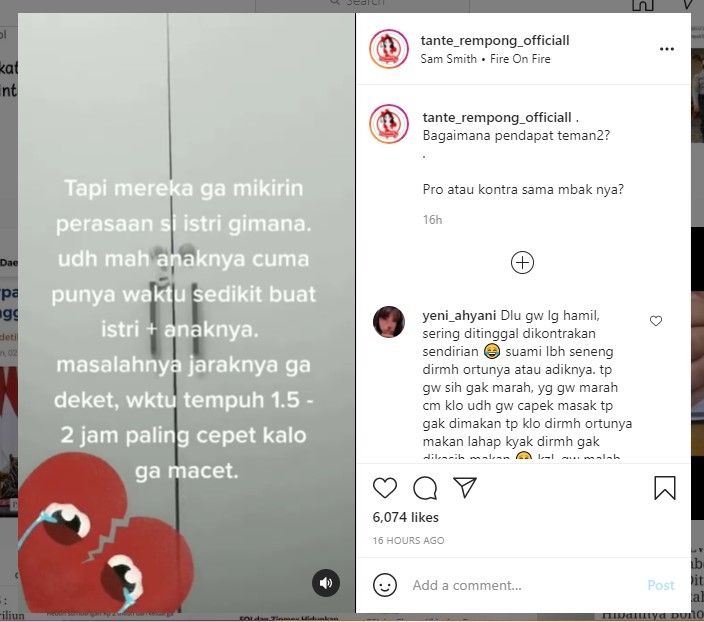 Curhat istri sering ditinggal suami ke rumah mertua (Instgaram)