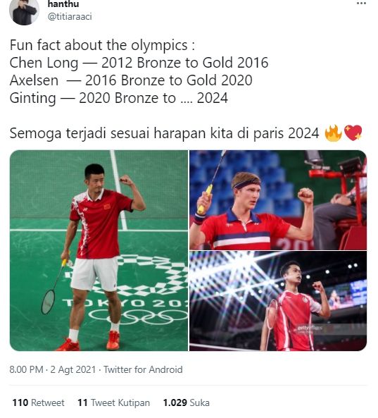 Cocokologi Anthony Ginting raih emas di Olimpiade 2024. (Twitter/@titiaraaci)