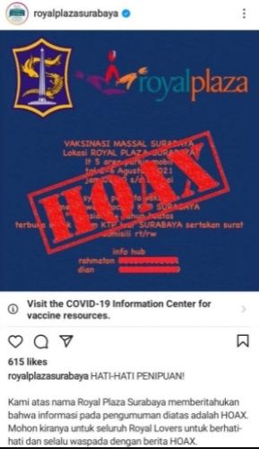 CEK FAKTA Vaksinasi Massal Tanggal 2-6 Agustus 2021 di Royal Plaza Mal Surabaya. (Turnbackhoax.id)