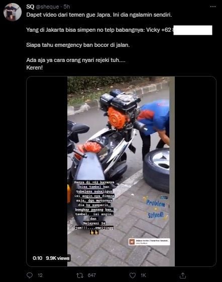 Viral Jasa Tambal Ban dan Isi Angin Dimana Saja 24 Jam. (Twitter/@sheque)