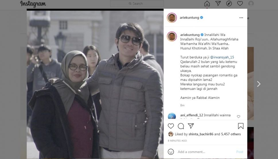 Arie Untung bagikan kabar ibunda Irwansyah meninggal dunia [Instagram]