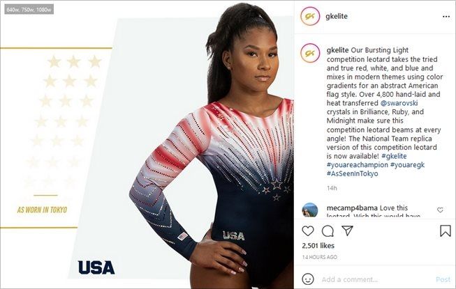 Detail kostum Simone Biles di Olimpiade Tokyo 2020. (Instagram/@gkelite)