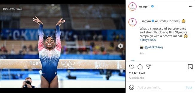 Simone Biles tanding di final balok keseimbangan Olimpiade Tokyo 2020,Selasa (3/8/2021). (Instagram/@usagym)