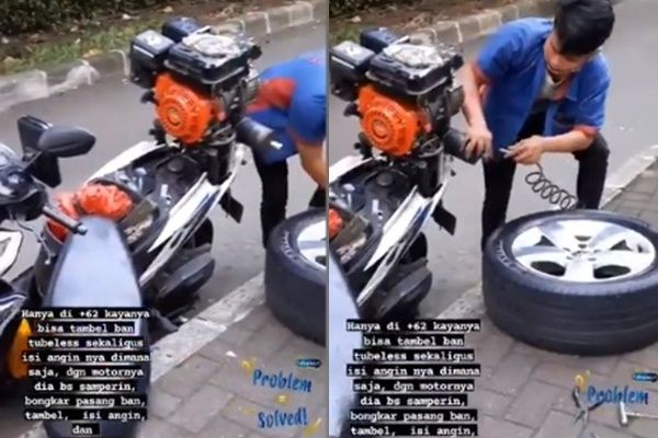 Viral Jasa Tambal Ban dan Isi Angin Dimana Saja 24 Jam. (Twitter/@sheque)