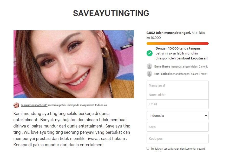 Petisi untuk Ayu Ting Ting (Change.org)