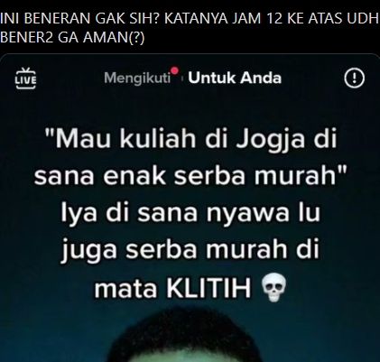 Unggahan mengenai sisi lain Jogja yang dihantui klitih. [Twitter]