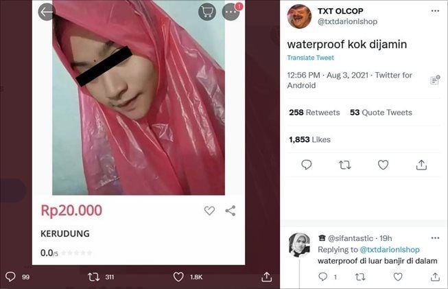 Viral kerudung anti basah dijual murah. (Twitter/@txtdarionlshop)