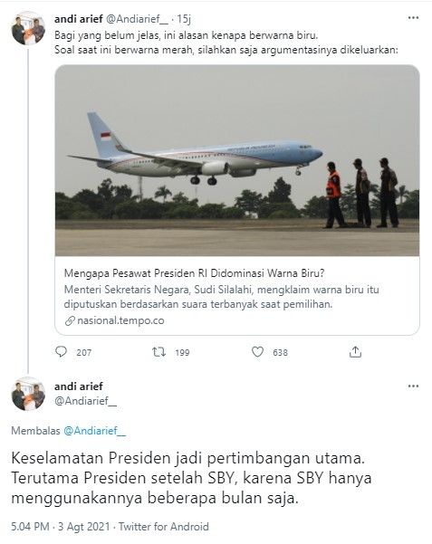 Alasan pesawat kepresidenan dominan warna biru era SBY (Twitter/andiarief__)