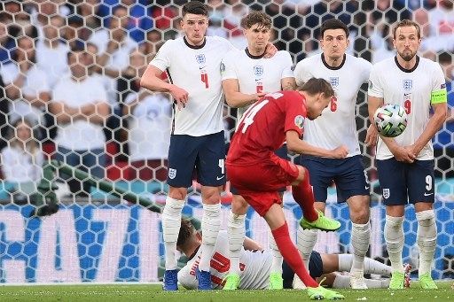 Pemain Denmark Mikkel Damsgaard rayakan golnya ke gawang Inggris dalam pertandingan semifinal Euro 2020 di Wembley Stadium, 7 Juli 2021. [AFP]