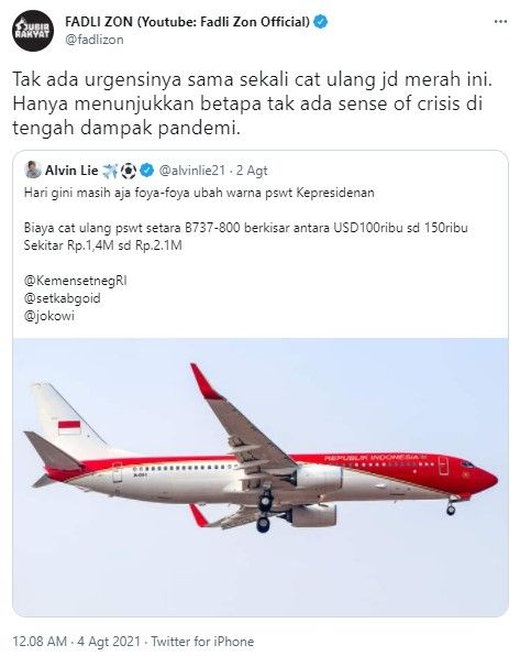 Fadli Zon kritik pesawat kepresidenan dicat ulang warna merah (Twitter)