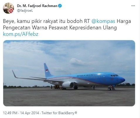 Cuitan lawas Fadjroel kritik cat ulang pesawat kepresidenan era SBY (Twitter/fadjroel)