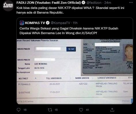 Fadli Zon Sindir Menohok Kasus Data NIK KTP Dipakai WNA. (Twitter/@fadlizon)