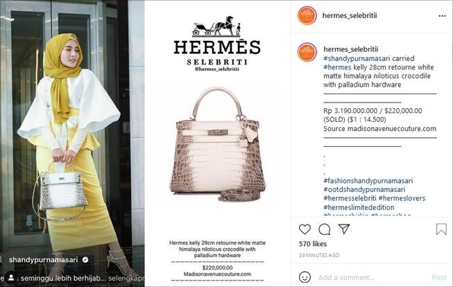 Bos MS Glow, Shandy Purnmasari, pakai tas Rp3 miliar. (Instagram/@hermes_selebritii)