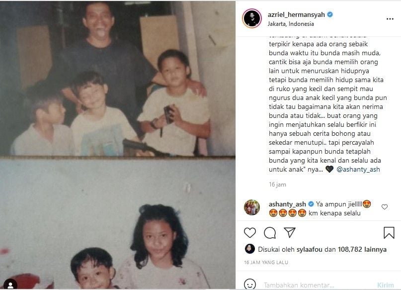 Azriel Hermansyah mengunggah foto kenangan bareng sang kakak, Aurel Hermansyah. Di situ, Azriel juga memuji Ashanty sebagai ibu sambung yang tulus dan penuh cinta kasih. [Instagram]