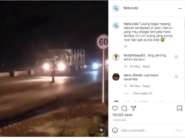 Viral Video Tukang Begal Tak Sadar Hadang Truk Tentara. (Instagram/@fakta.indo)