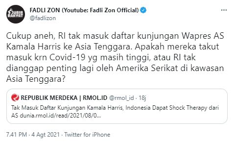 Komentar Fadli Zon soal Indonesia tak dikunjungi Wapres AS (Twitter)