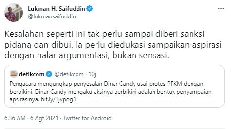 Eks Menag sarankan Dinar Candy tak dipenjara (Twitter)
